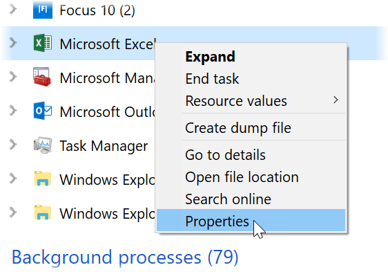 Excel в Диспетчере задач Windows
