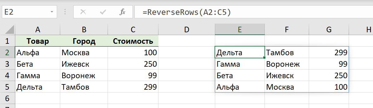 Строки в обратном порядке с функцией ReverseRows Строки в обратном порядке с функцией ReverseRows