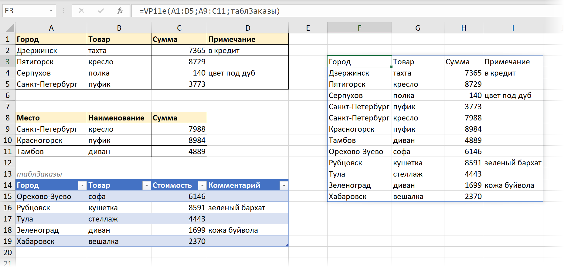 Сборка массивов по вертикали функцией VPile Сборка массивов по вертикали функцией VPile