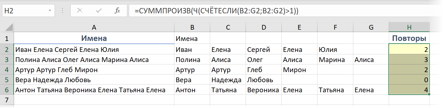 Формула подсчета количества повторов