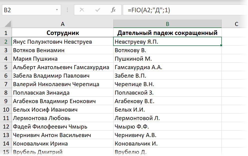 ФИО в дательном падеже и сокращенной форме