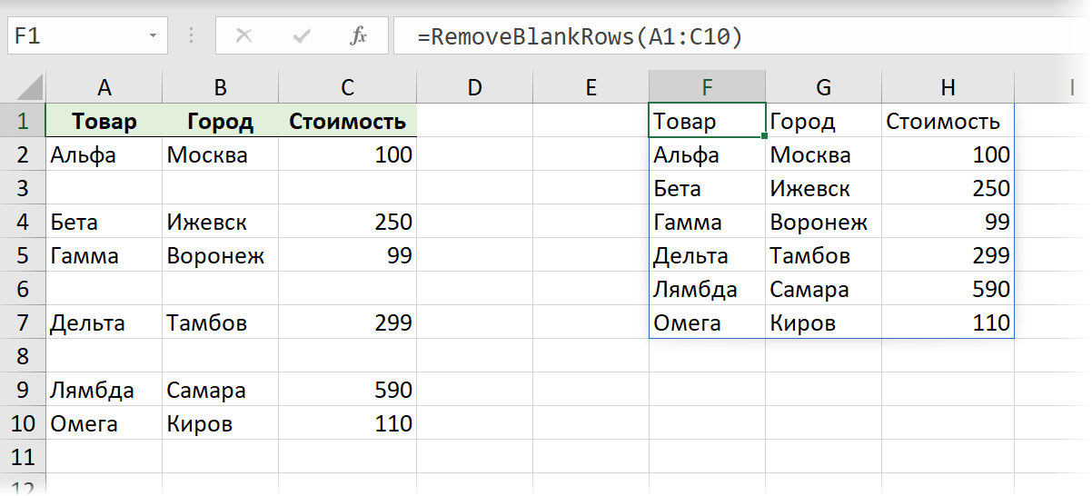 Удаление пустых строк функцией RemoveBlankRows
